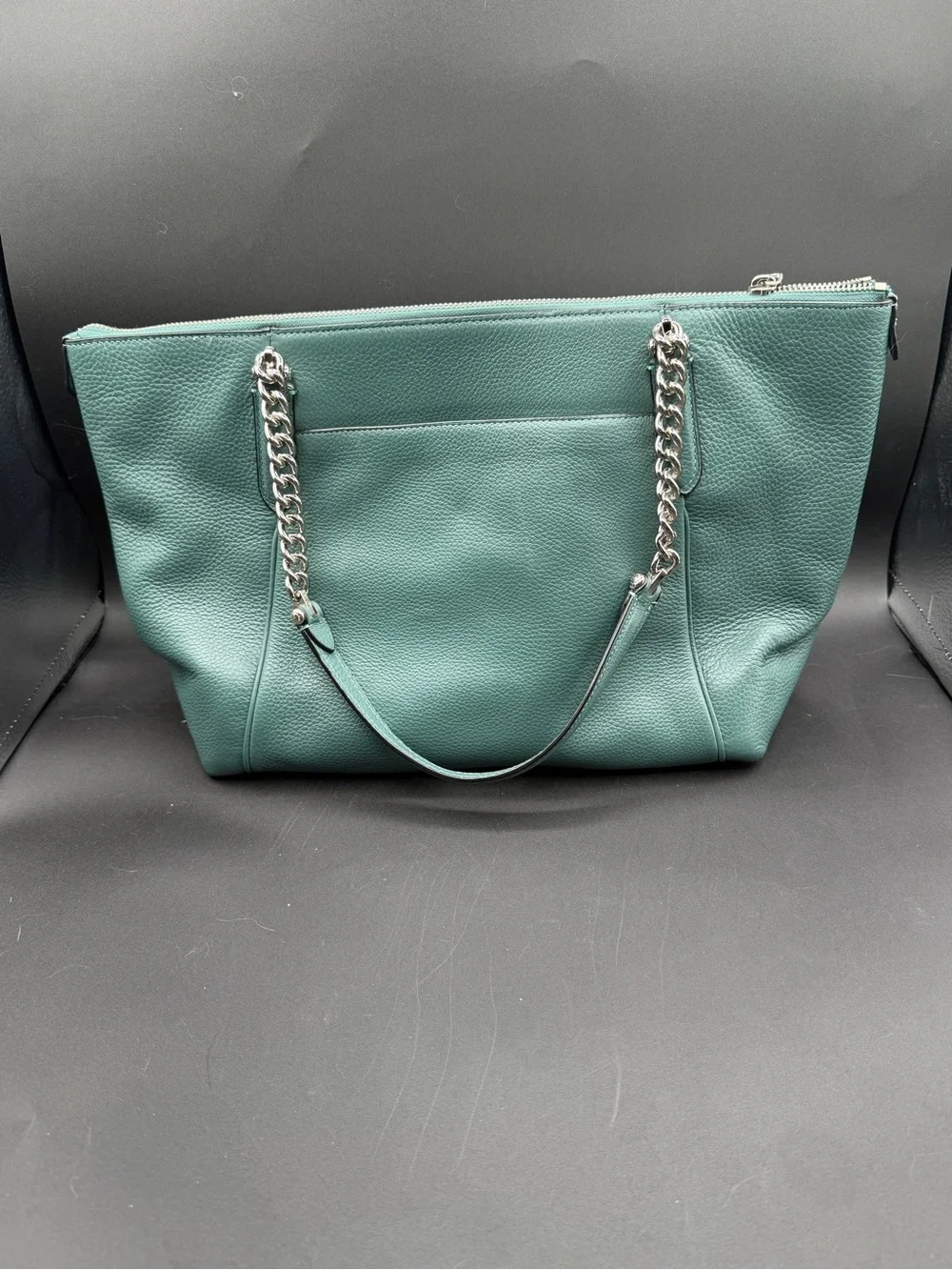 Coach Teal Pebbled Leather Tote Bag — Silver Chain Strap Shoulder Bag - Picture 4 of 8